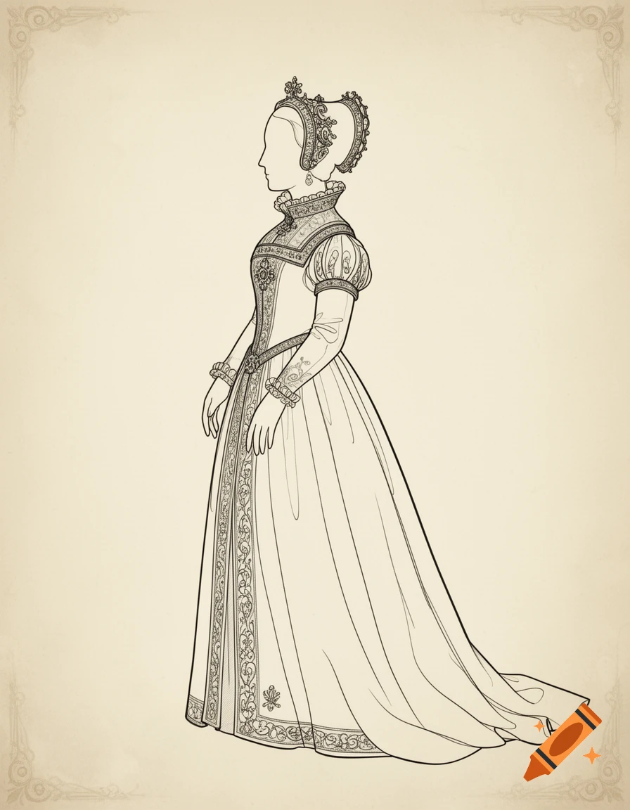 Fine-line vector silhouette profile of Queen Elizabeth I in historical gown and headdress against aged parchment.