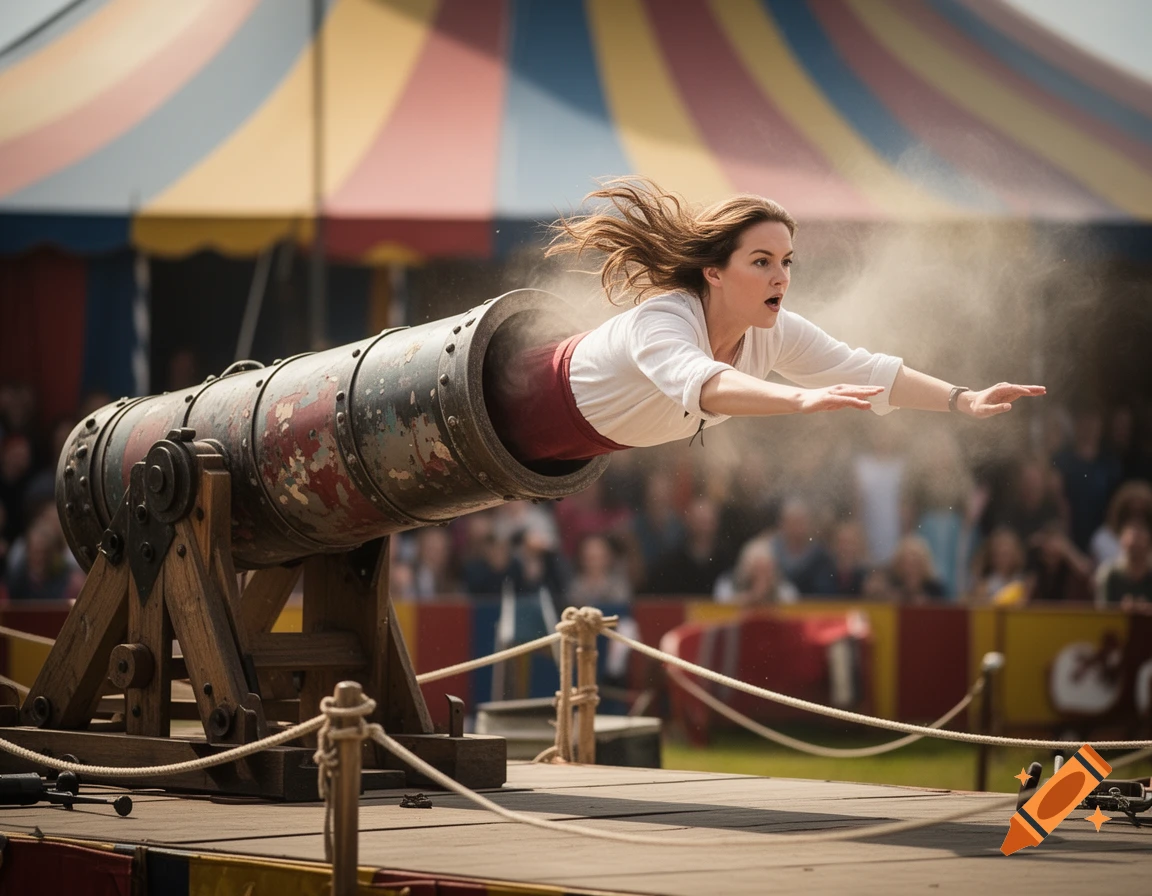A photorealistic action shot of a woman with flying hair being shot out of a circus cannon in front of a tent.