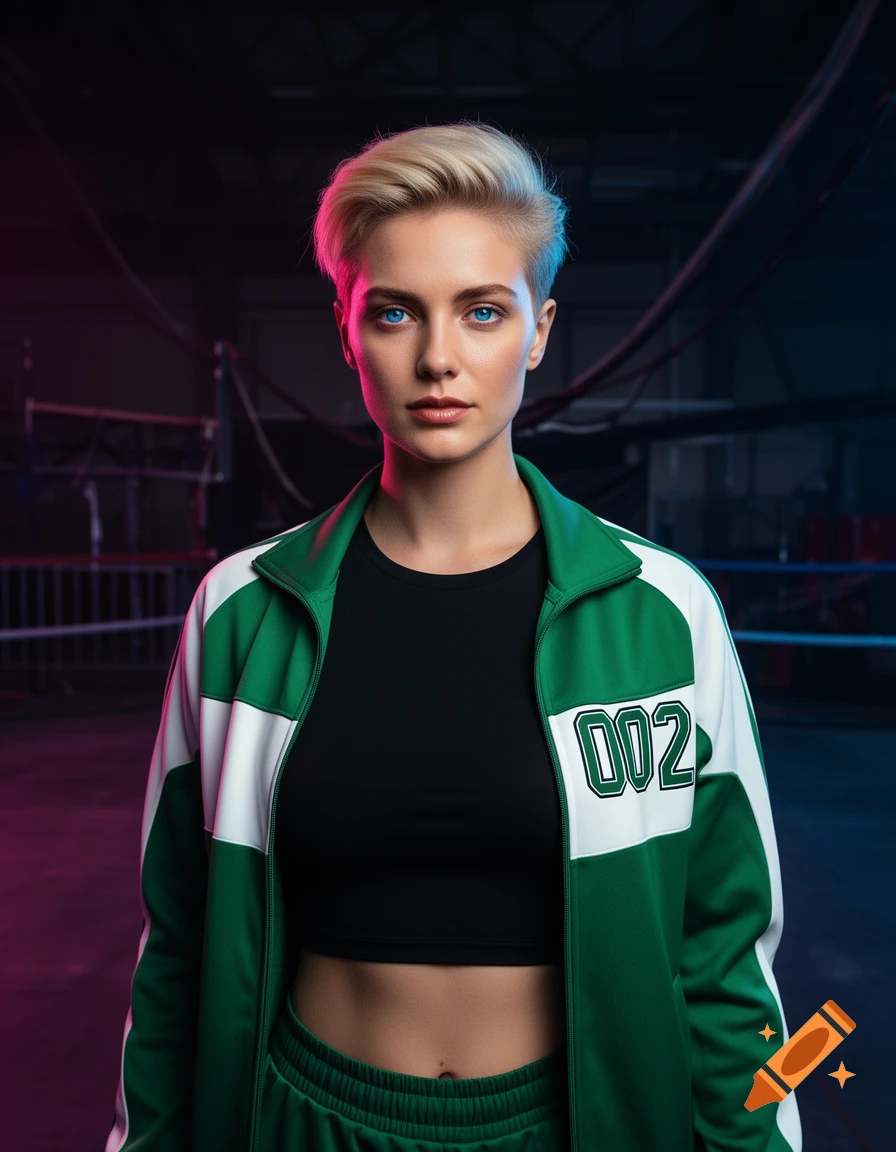 Realistic photo of a 20-year-old woman with short blonde hair and blue eyes, wearing a green and white tracksuit.