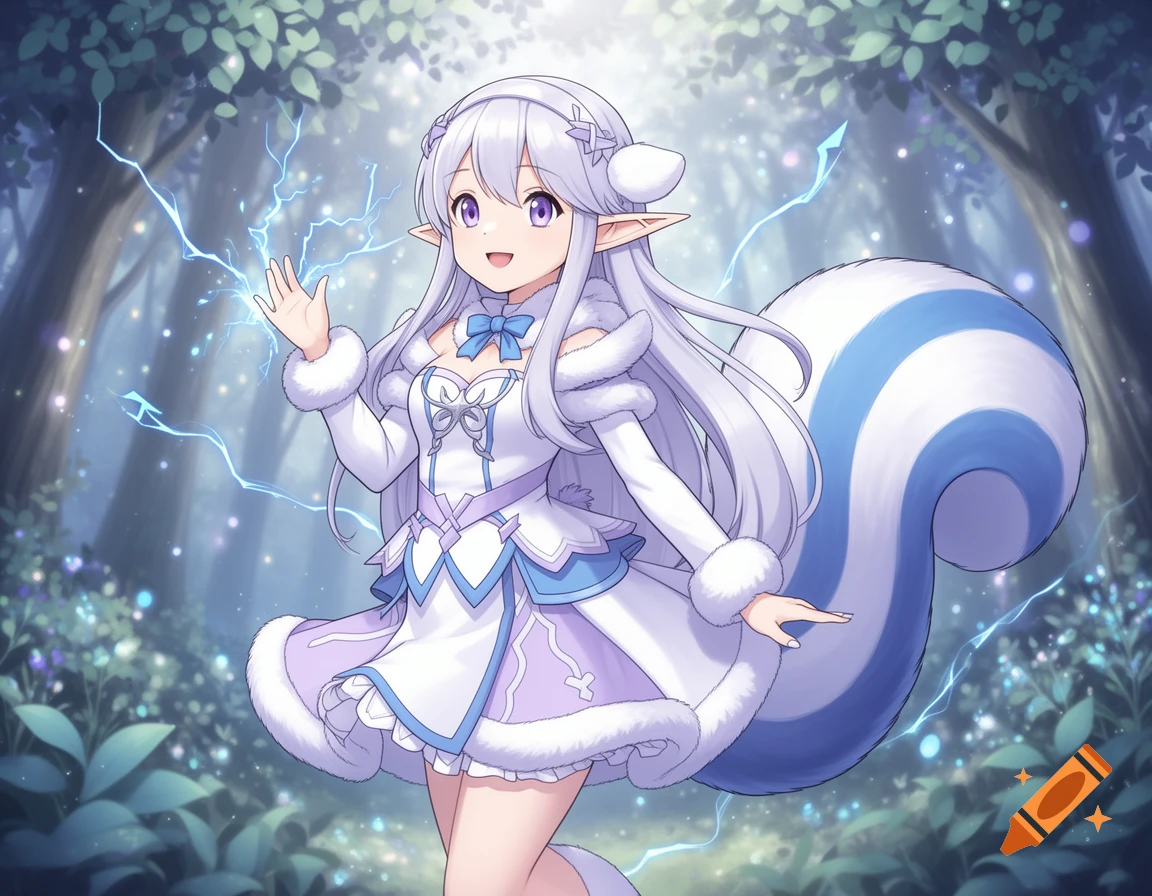 Anime style illustration of a female elf character with purple eyes, white hair, and a fluffy blue and white tail, standing in a magical forest with lightning effects.