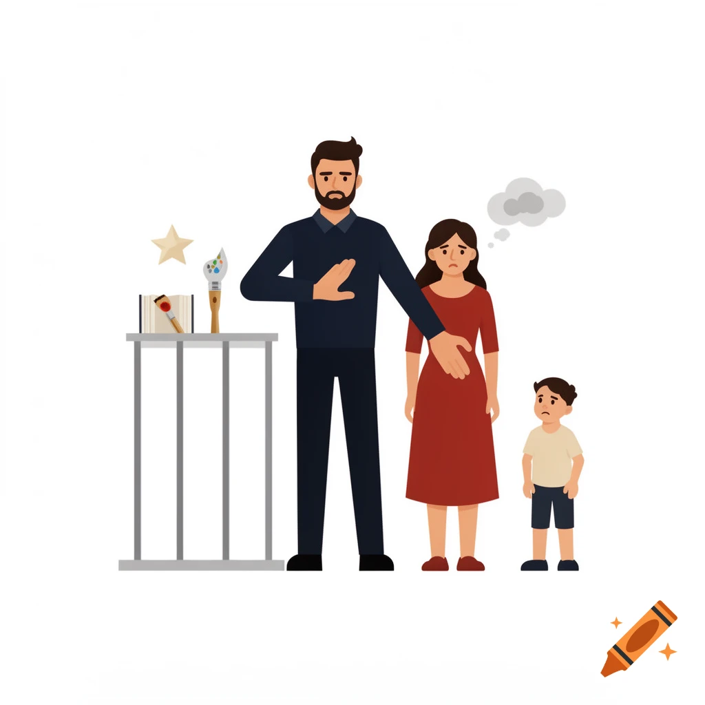 Simple vector illustration of a father holding back a sad mother while their child watches, with symbols of dreams and suppression.