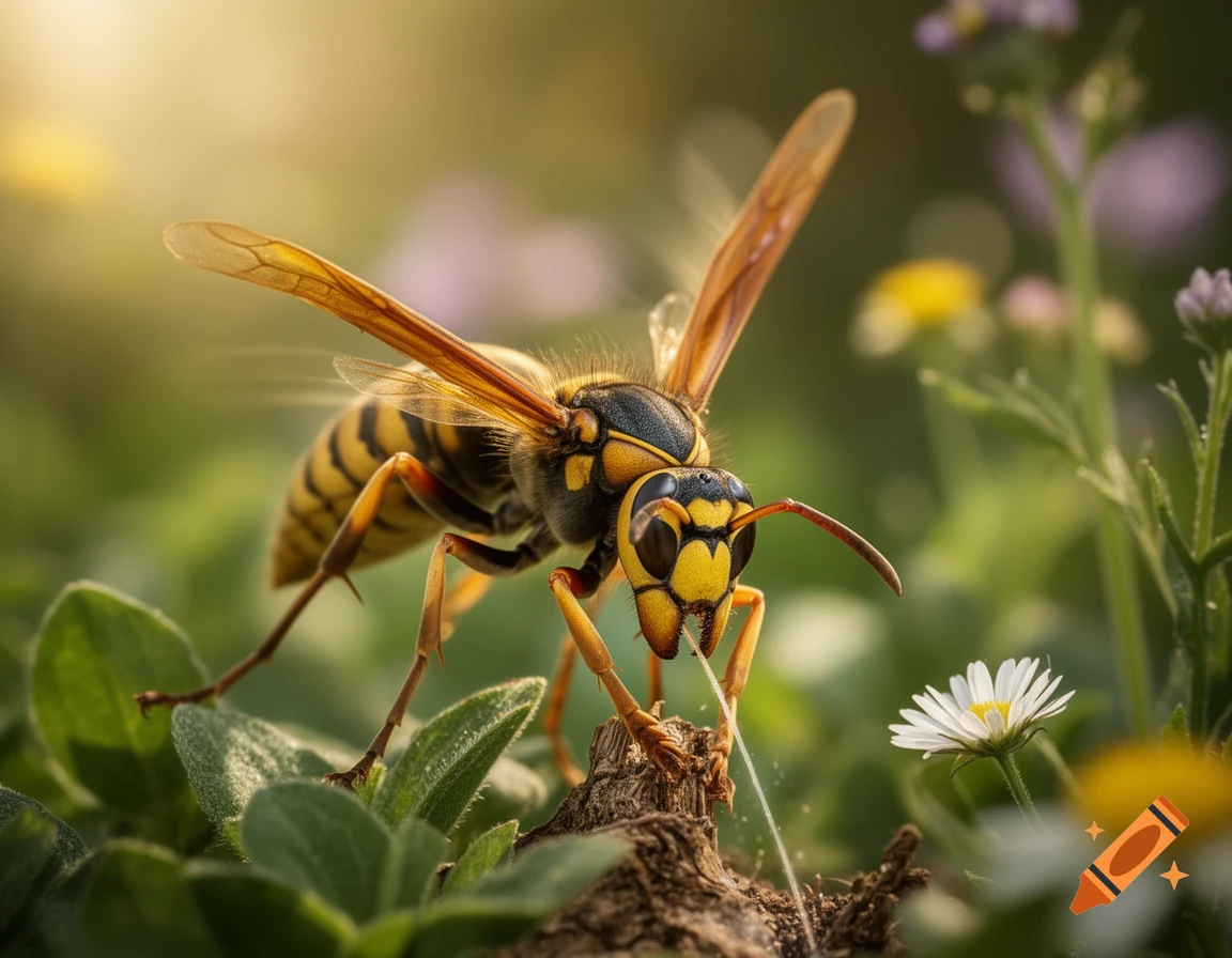 Photorealistic close-up of a wasp on a plant stem surrounded by green leaves and white daisies.