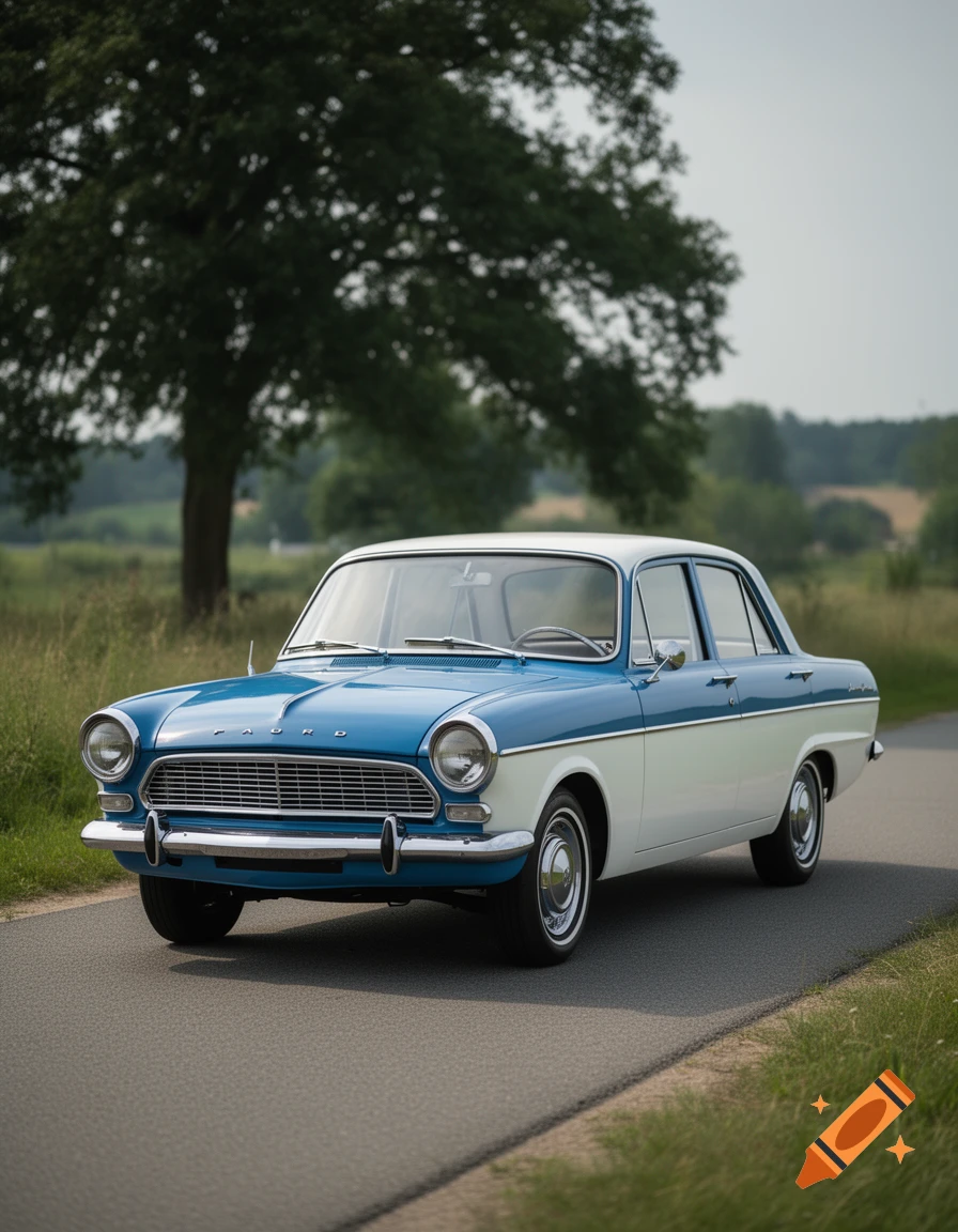 Photorealistic image of a vintage blue and white Ford Taunus parked on a paved road beside a grassy field and trees.
