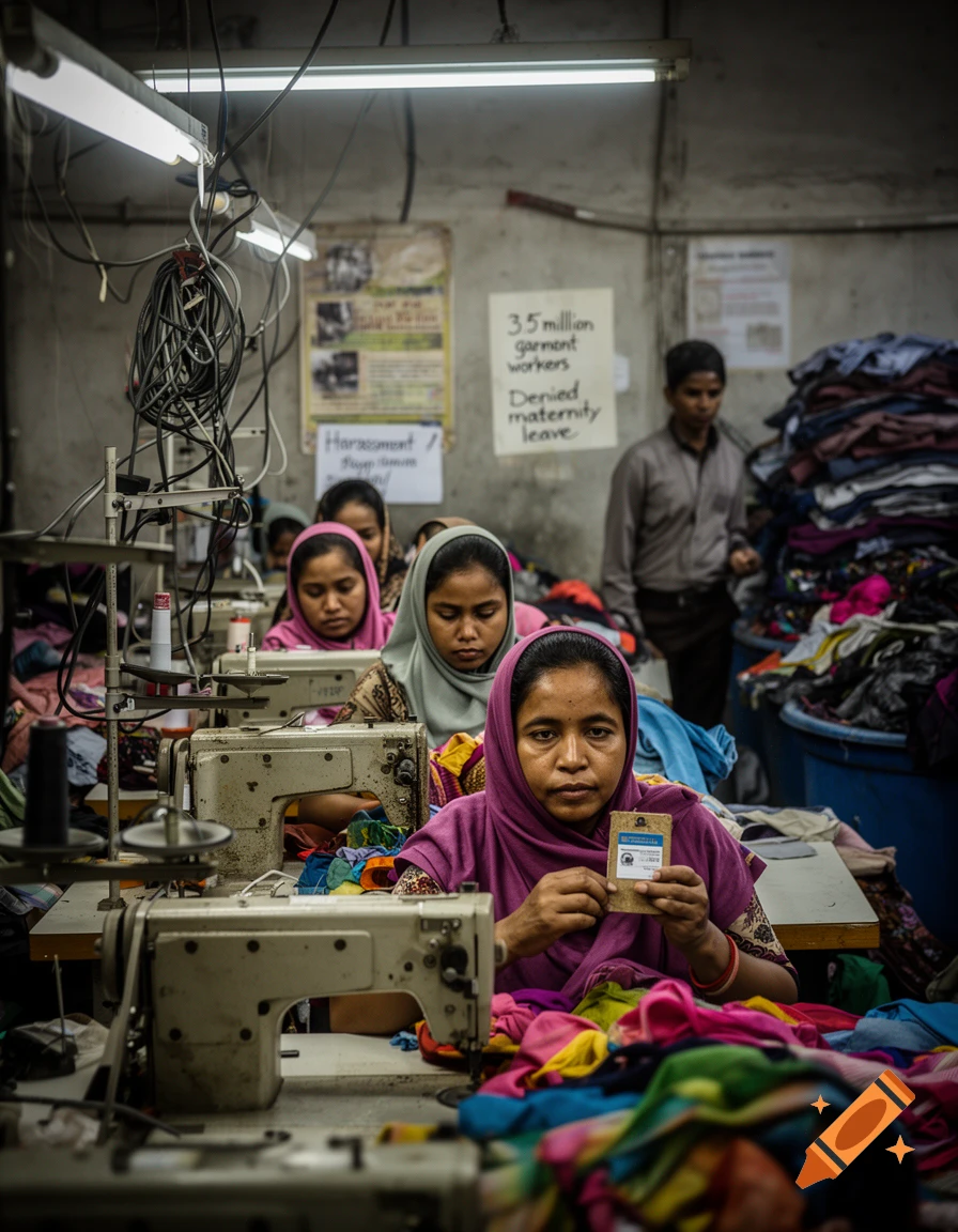 Photorealistic scene of women working at sewing machines in a dim garment factory, holding identification.