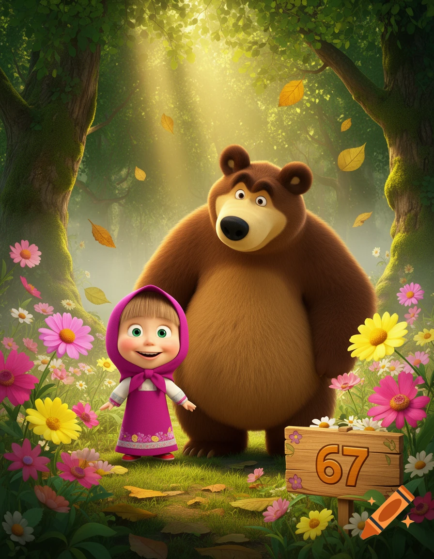 3D animated cartoon characters Masha and the Bear standing in a sunny forest with flowers and a sign reading 67.