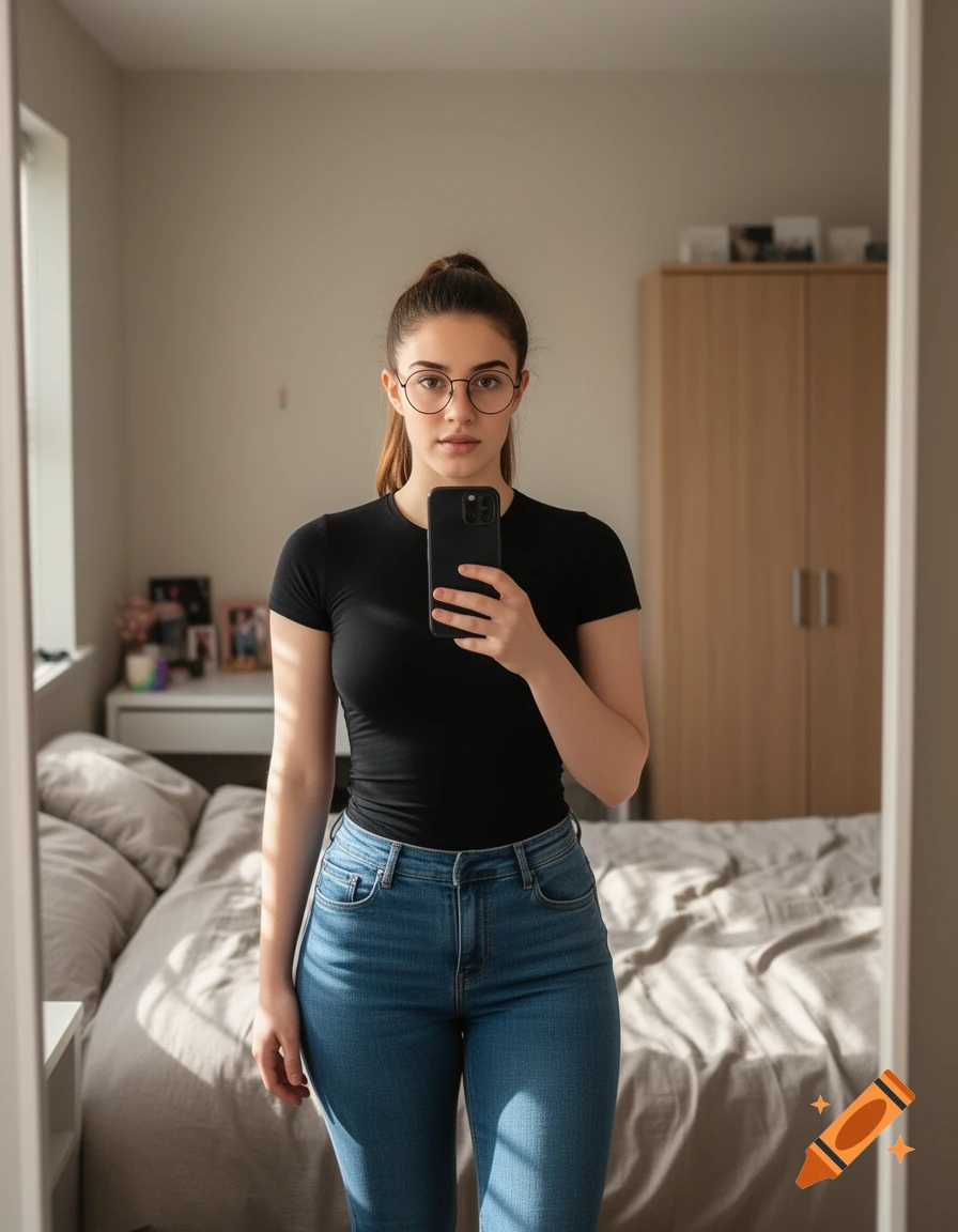 Photorealistic mirror selfie of an 18-year-old woman with brown hair in a ponytail and round glasses, wearing a black t-shirt and jeans in her bedroom.