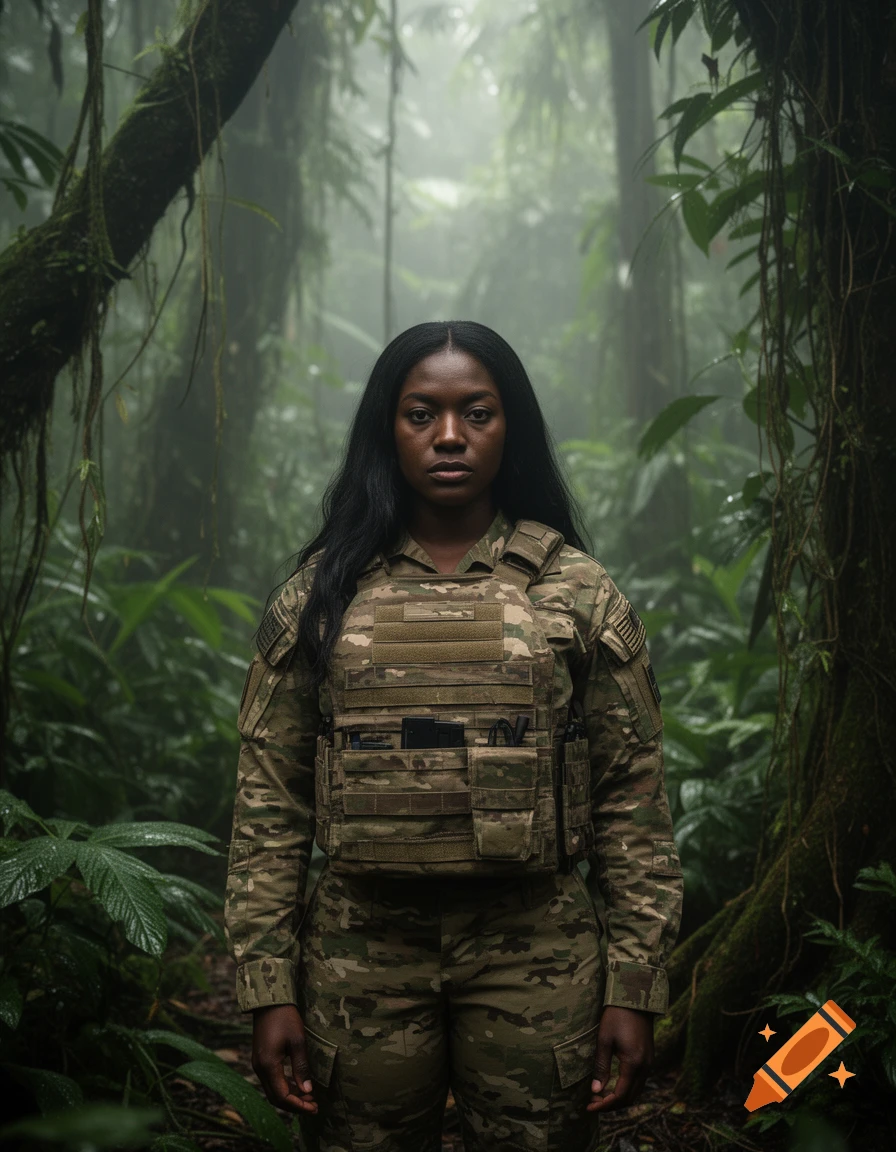 Photorealistic portrait of a woman in military tactical gear standing in a dense jungle.