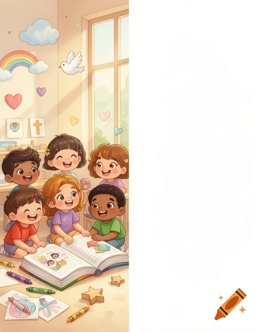 Children's book style illustration of diverse kids reading a bible together in a sunny classroom.