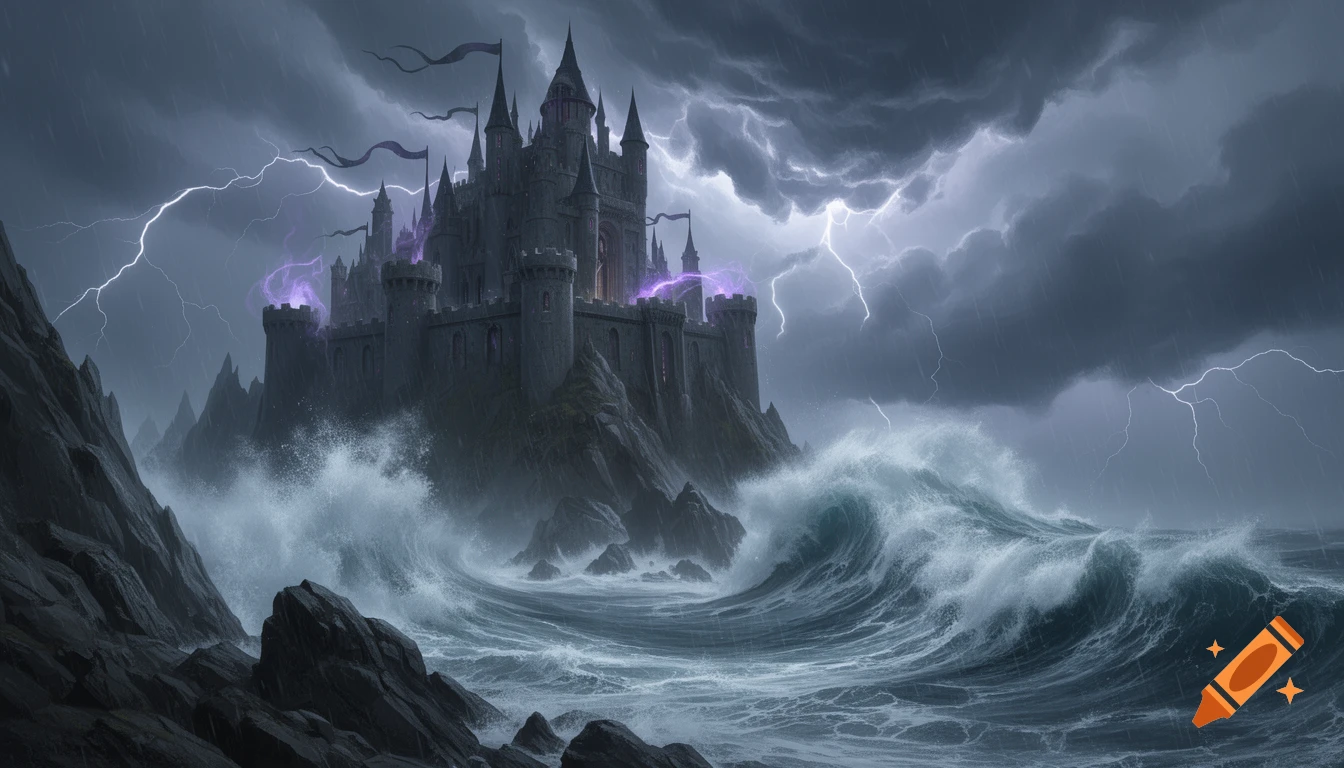 Dark fantasy castle on a rocky cliff overlooking a stormy, churning sea with lightning strikes in the sky.