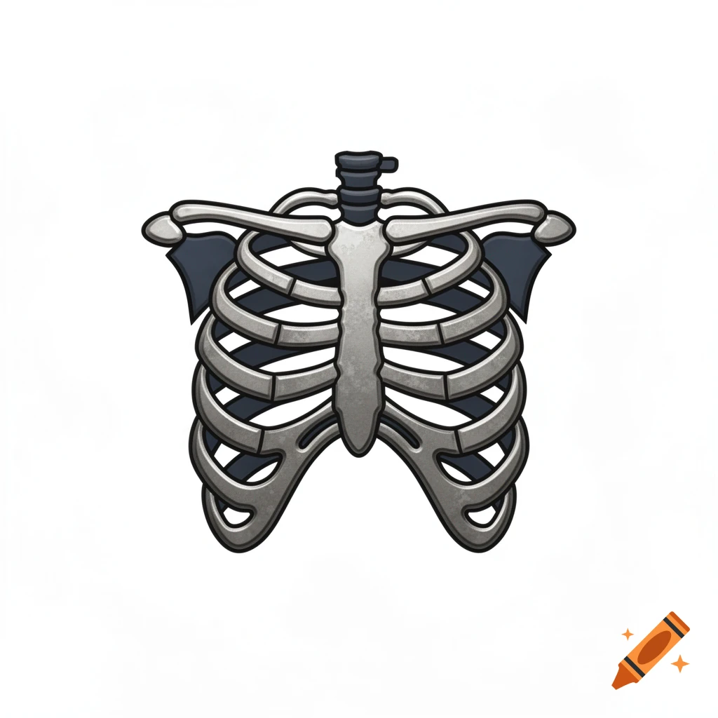 Digital illustration of a rib cage made of metallic tin with a stylized spine and dark background elements, isolated on a white background.