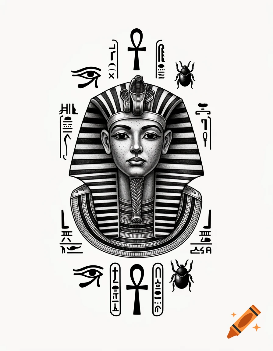 Black and grey tattoo design of Tutankhamun surrounded by hieroglyphs, the Eye of Horus, and scarab beetles in stippling style.