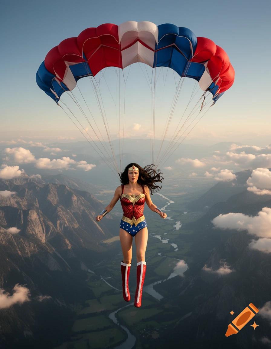 Photorealistic image of Lynda Carter as Wonder Woman parachuting over a mountain landscape with clouds.