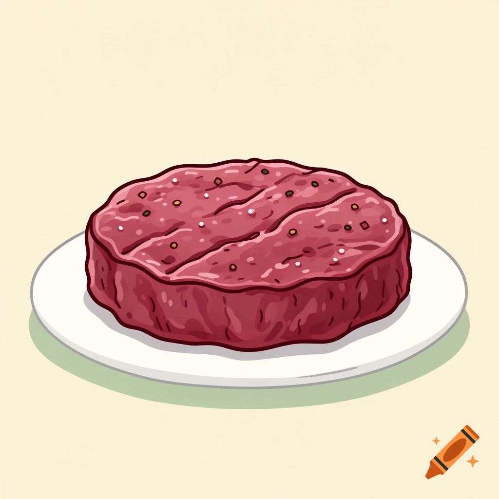 Cartoon style uncooked beef patty on a white plate against a light background.