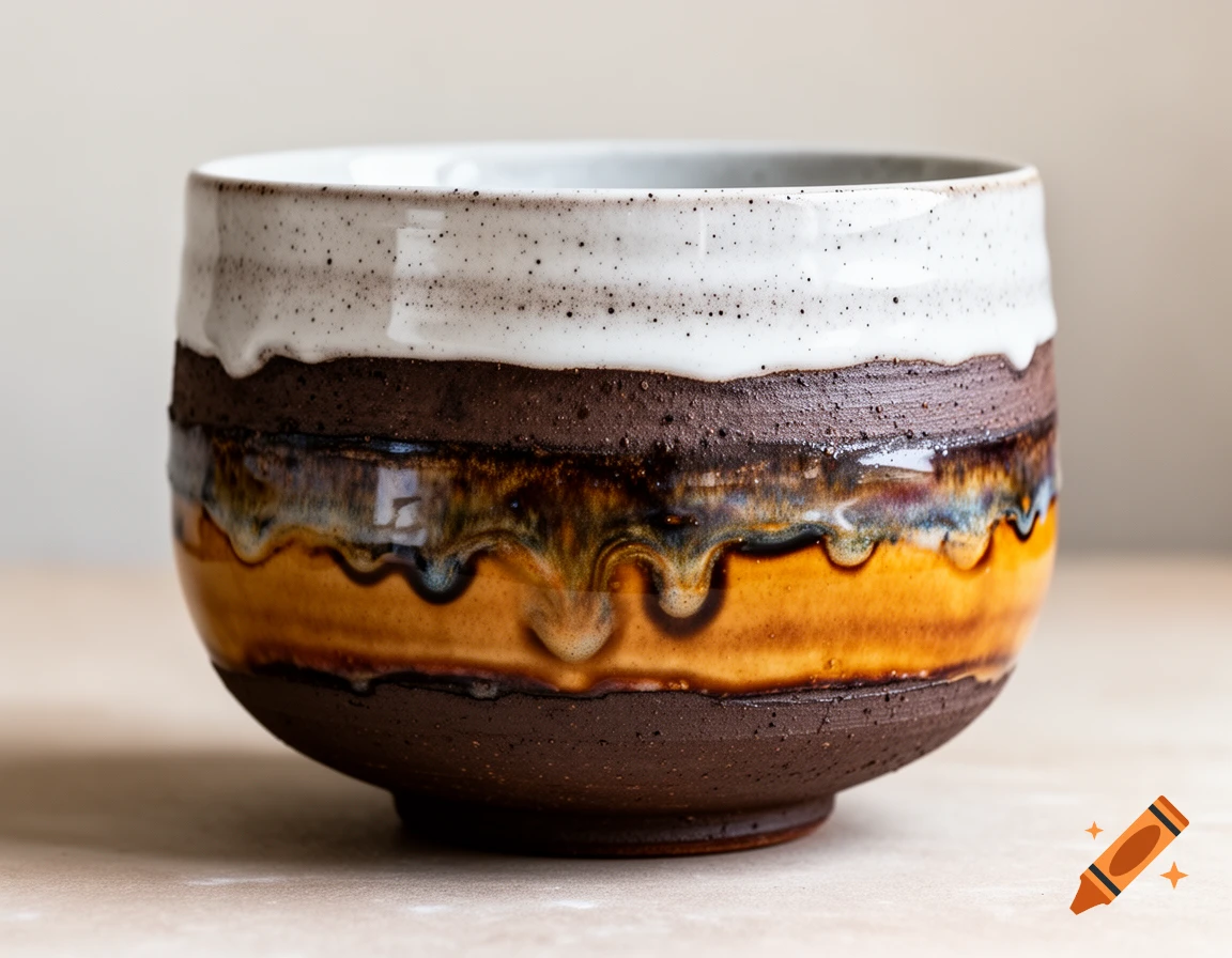 Close-up photograph of a handmade ceramic chawan tea bowl featuring layered white, brown, and ochre glazes with drips.