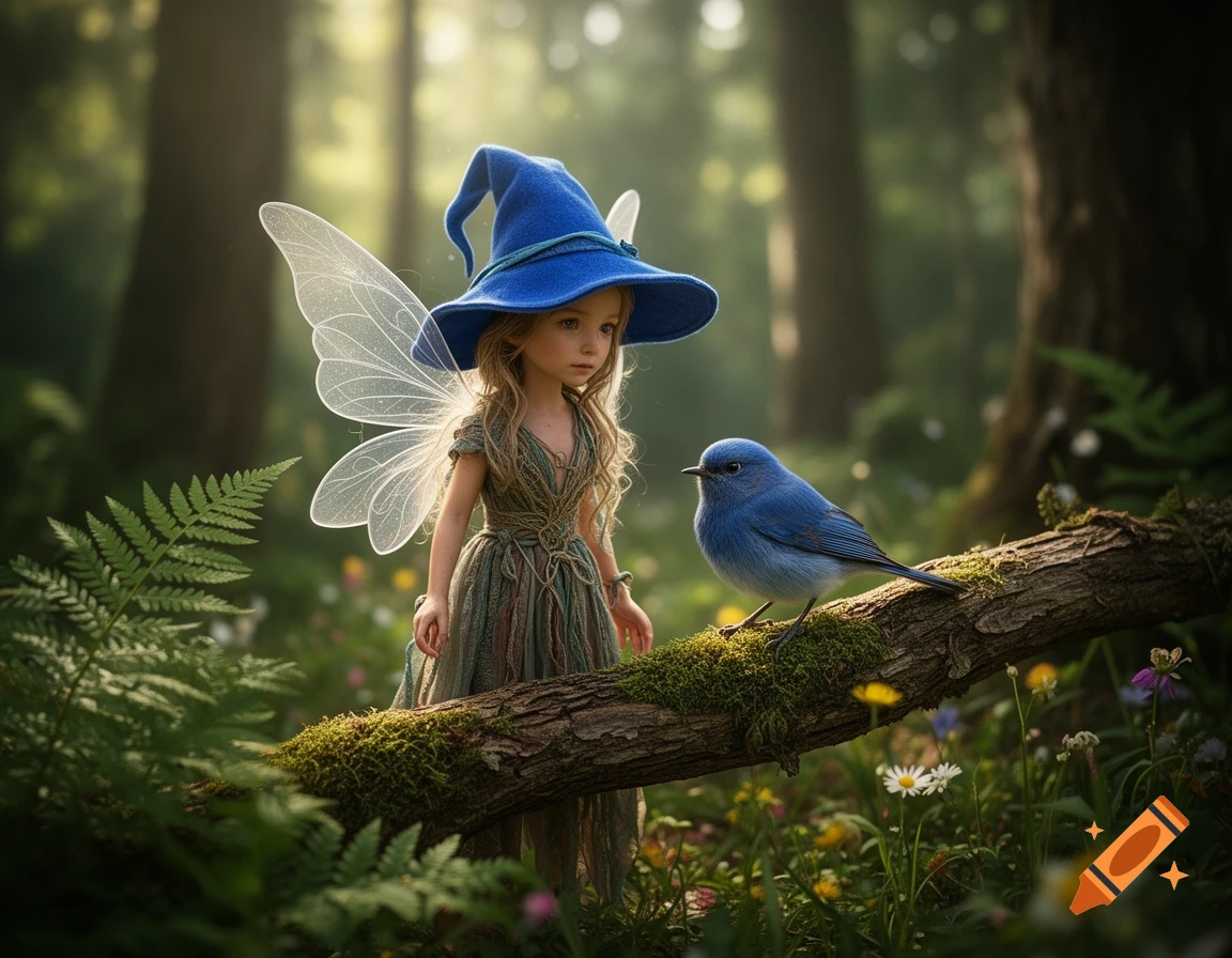 A photorealistic fairy wearing a blue witch hat and translucent wings, standing on a mossy log next to a blue bird in a forest.