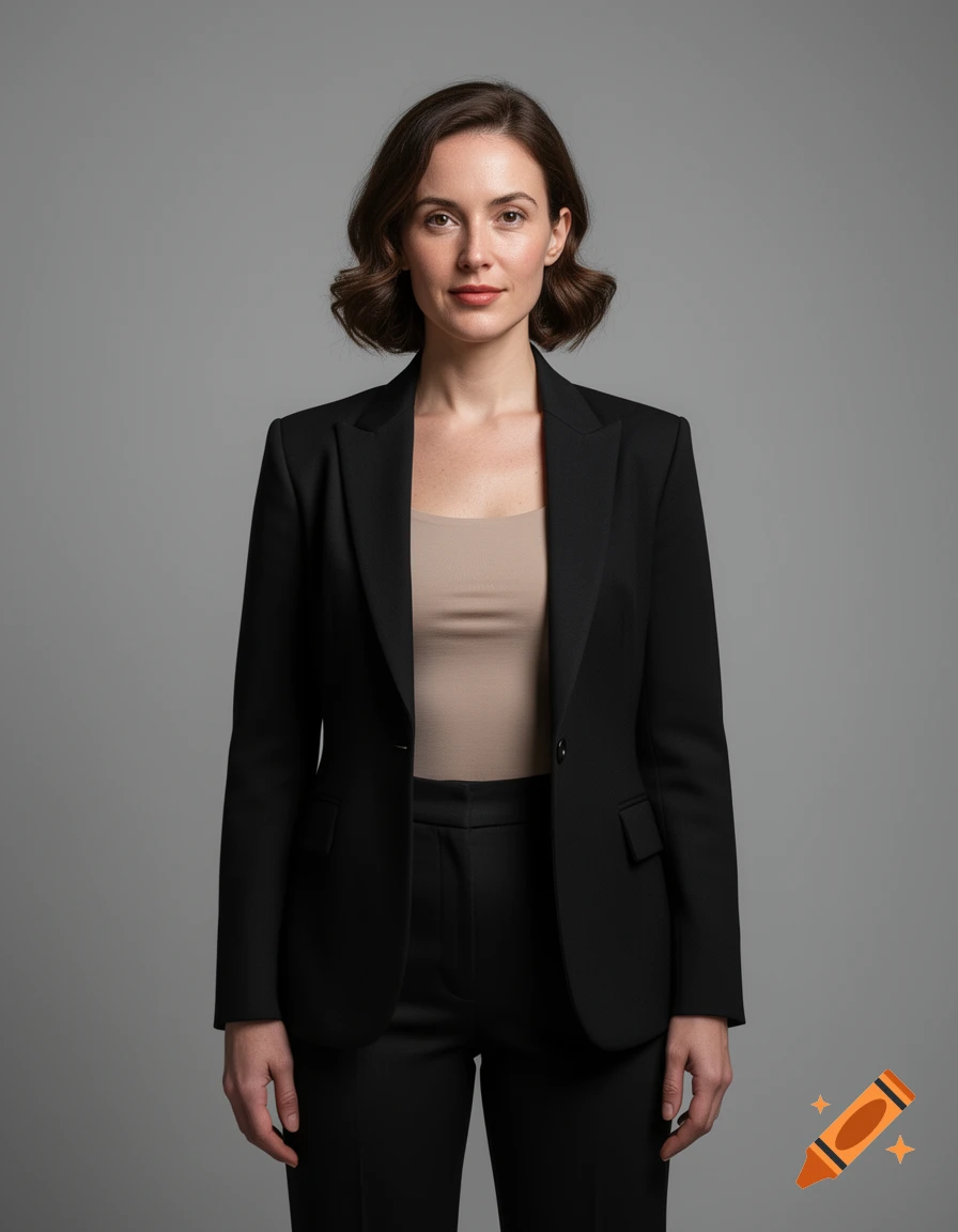 Photorealistic portrait of a woman with short dark hair wearing a black suit jacket over a beige top against a grey background.