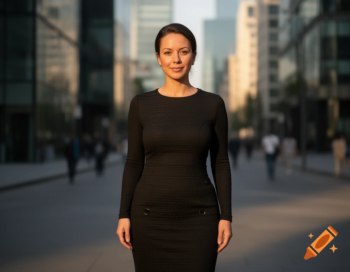 Photorealistic full-body portrait of a smiling woman wearing a black dress, standing on a city street.