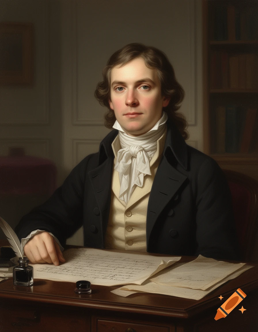 Oil painting portrait of Thomas Muir as a solicitor at a desk with parchment and ink.
