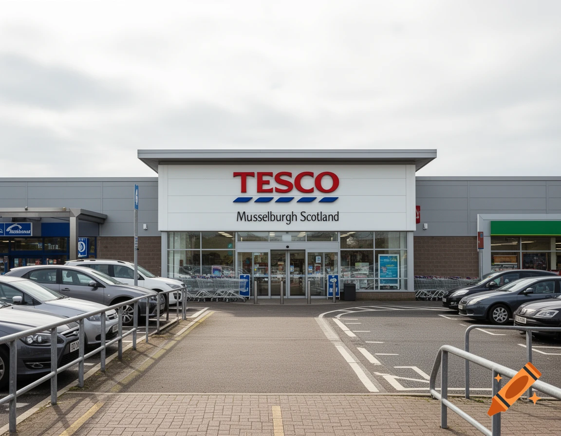 Exterior photo of a Tesco supermarket in Musselburgh, Scotland, with parking lot and cars in front.