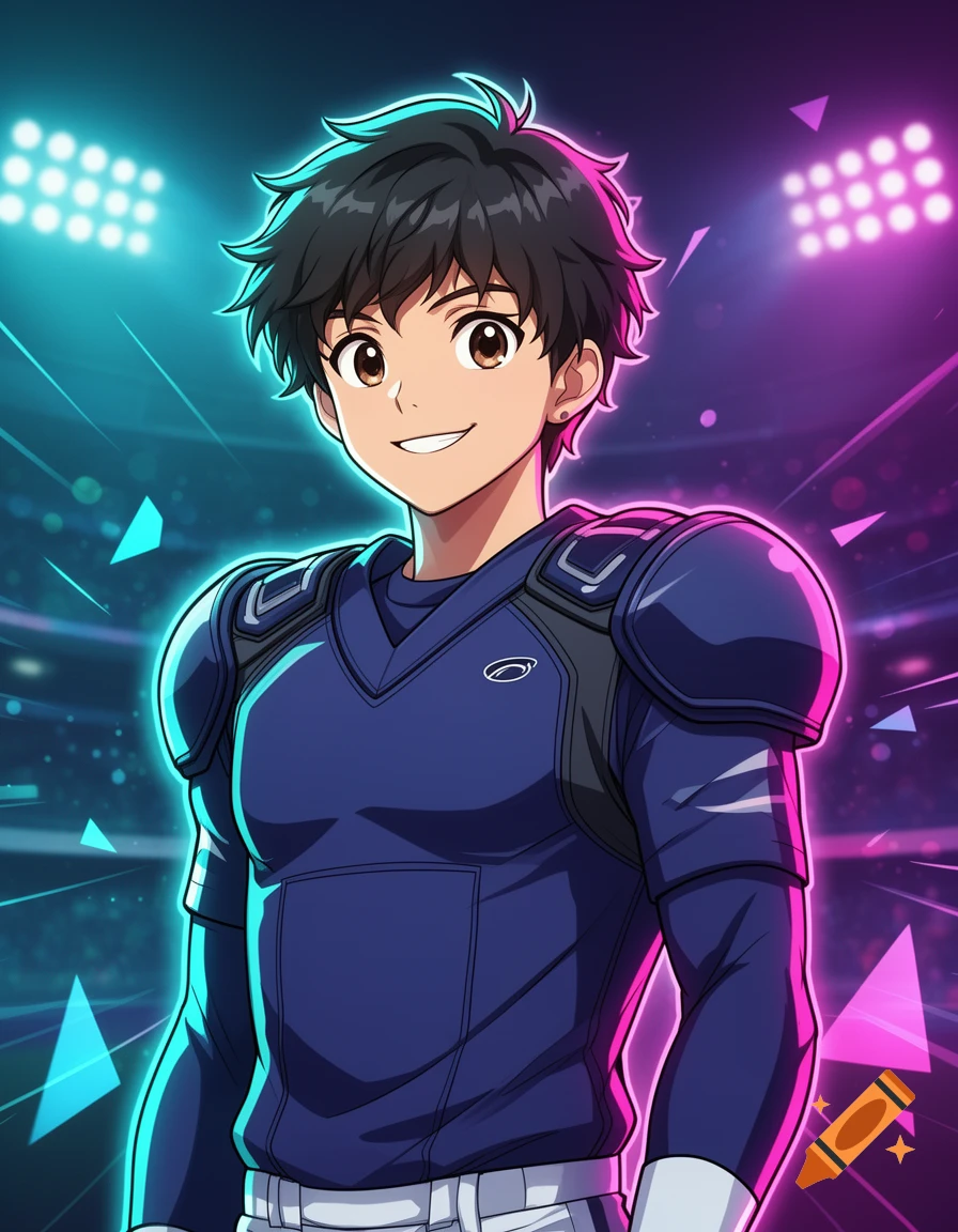 Anime style illustration of a young male athlete with dark hair and blue football padding against a glowing neon background.