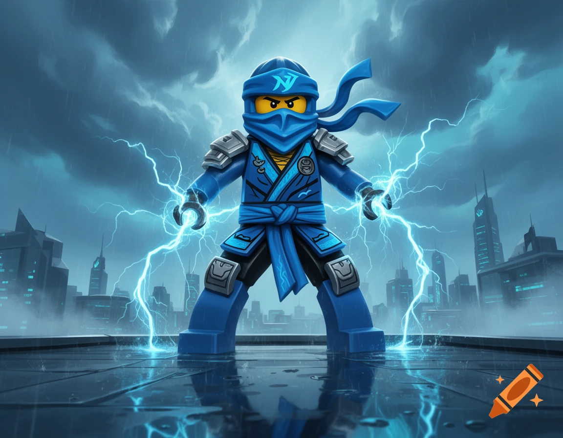 Digital illustration of Jay from Ninjago in blue armor summoning electricity on a rainy rooftop in a futuristic city.