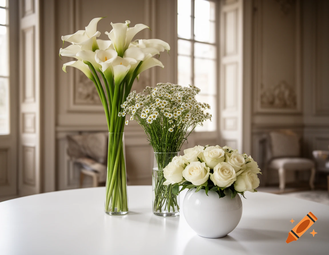 Three vases with white calla lilies, chamomile, and roses on a white table in a bright room.