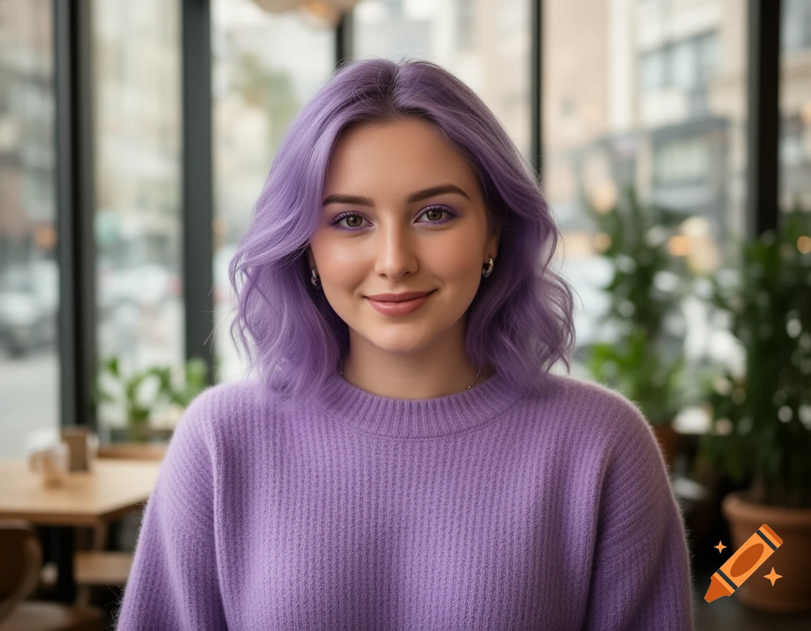 Photorealistic portrait of a smiling young woman with vibrant purple hair and a matching purple sweater, sitting in a cafe.