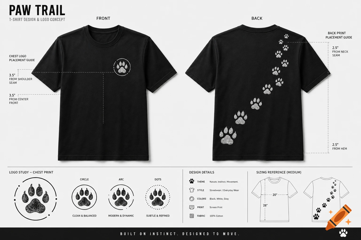 T-shirt design mockup showing front and back views with paw print logo and trail, plus placement guides and details.