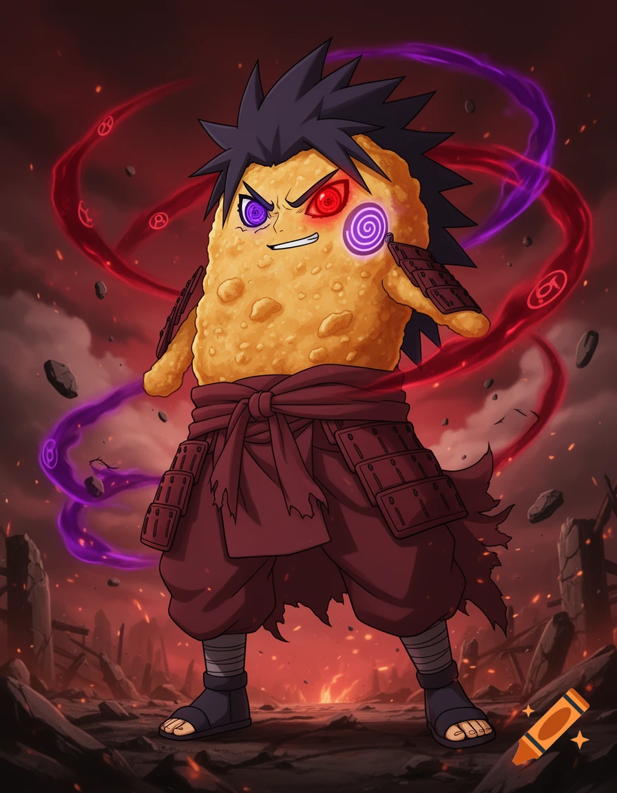 An anime-style illustration of a crispy chicken nugget dressed as Madara Uchiha with dark spiky hair and Sharingan eyes, standing in a battlefield.