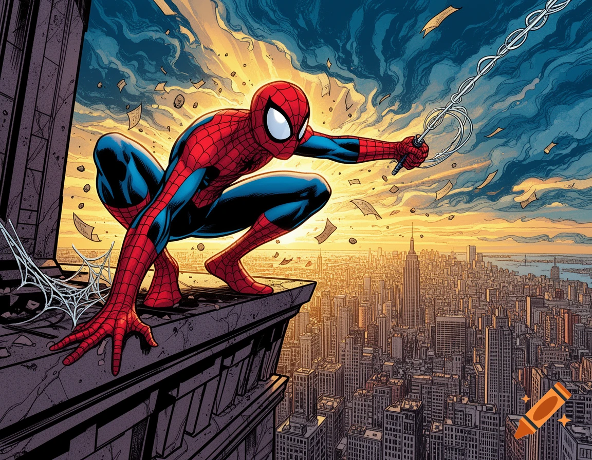 Spider-Man crouching on a rooftop overlooking a city skyline at sunset, in classic comic book art style.