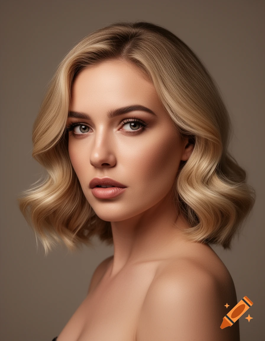 Cinematic photorealistic portrait of a blonde woman with wavy hair, blue eyes, and neutral expression.