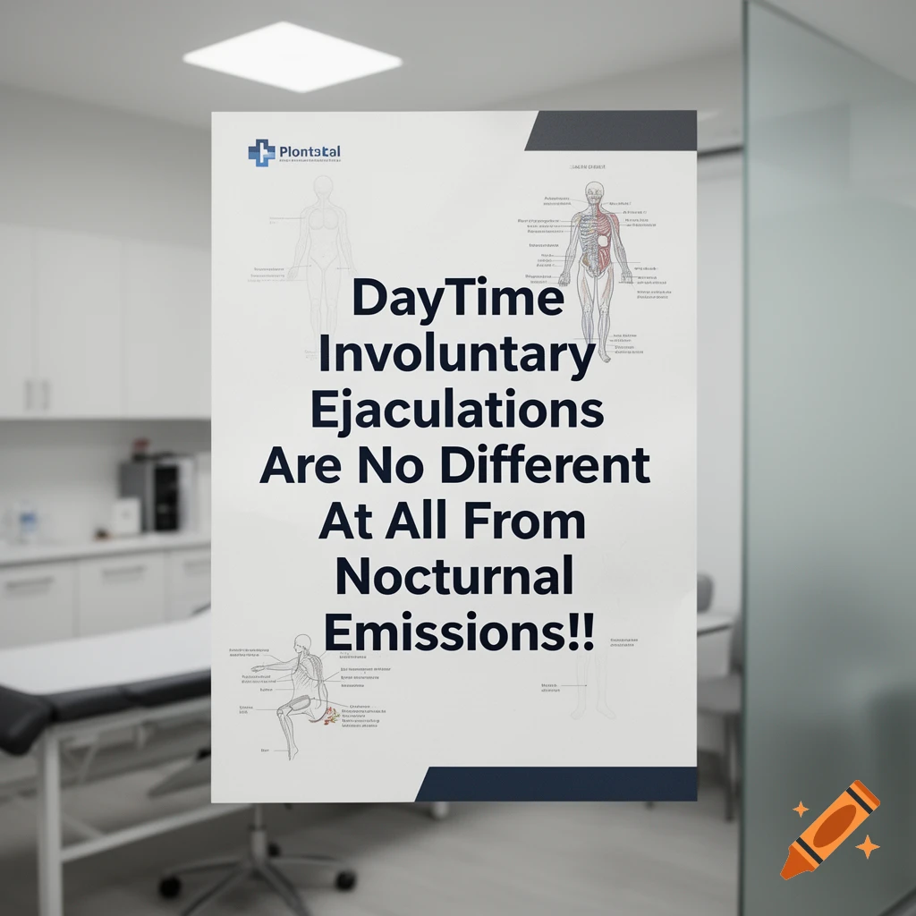 A poster with large text about daytime involuntary ejaculations, placed in a medical office.