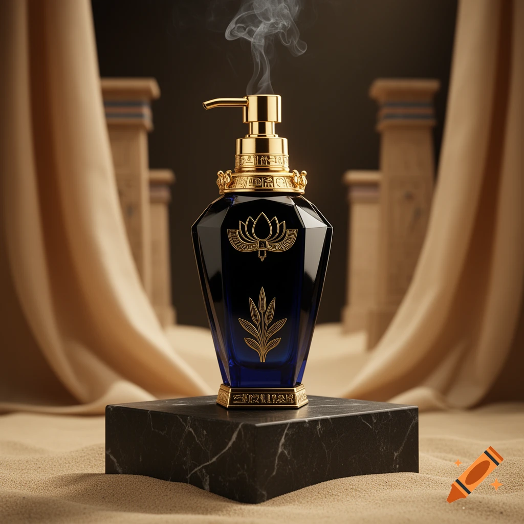 A luxurious blue and gold Egyptian-style perfume dispenser with smoke rising from it, resting on a black pedestal amidst sand.