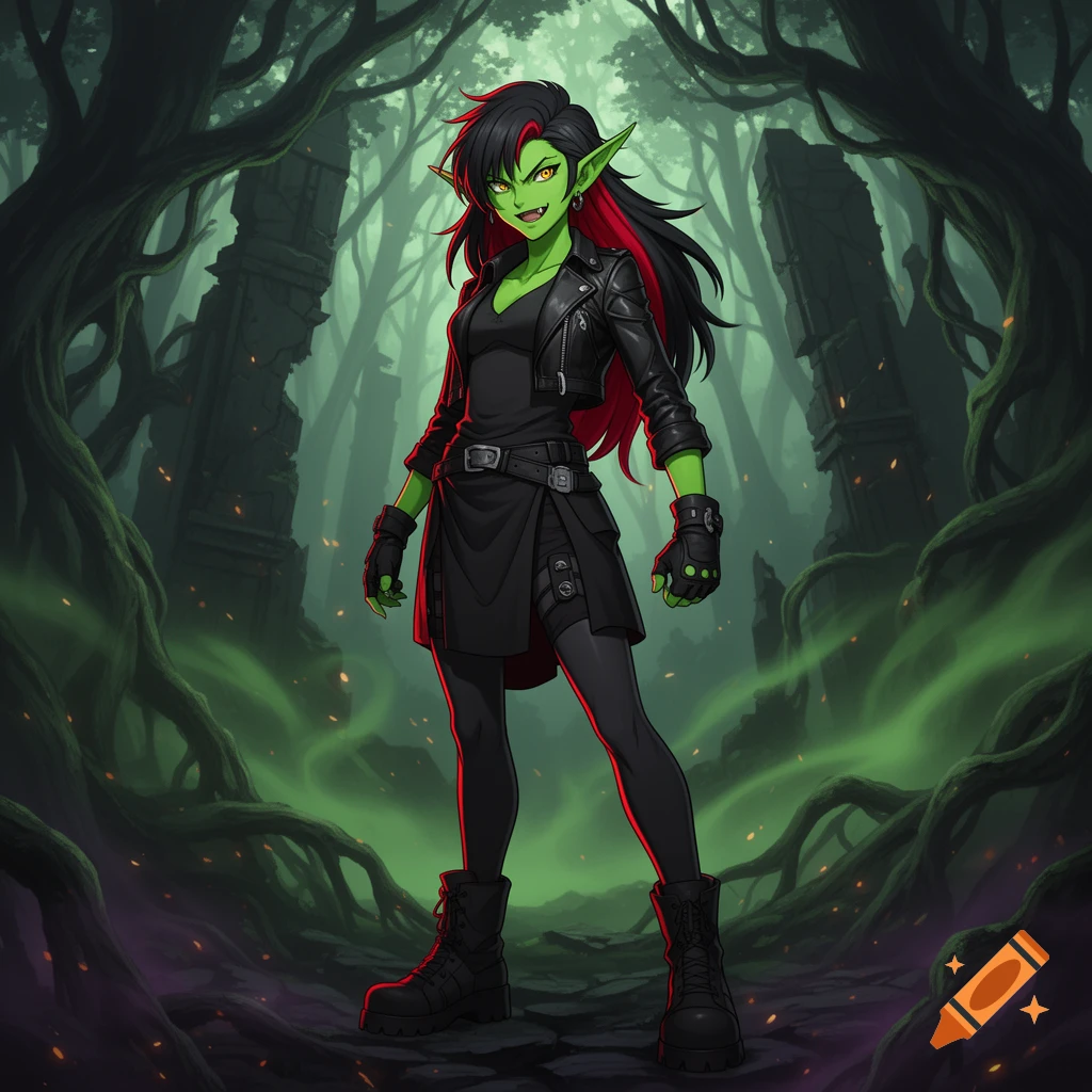 Anime style illustration of a female goblin with black and red hair, green skin, and black leather clothes in a dark forest.