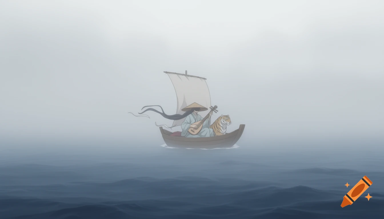 An anime-style wide shot of a traveler in robes and a tiger in a boat on a foggy sea.
