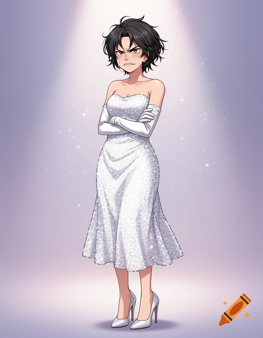 Anime style illustration of a disgusted tomboy girl with short black hair crossing her arms while wearing a white sequin strapless dress, opera gloves, and high heels.