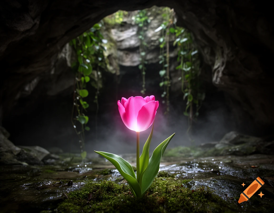 A glowing pink tulip in a mossy dark cave with hanging vines at the opening.