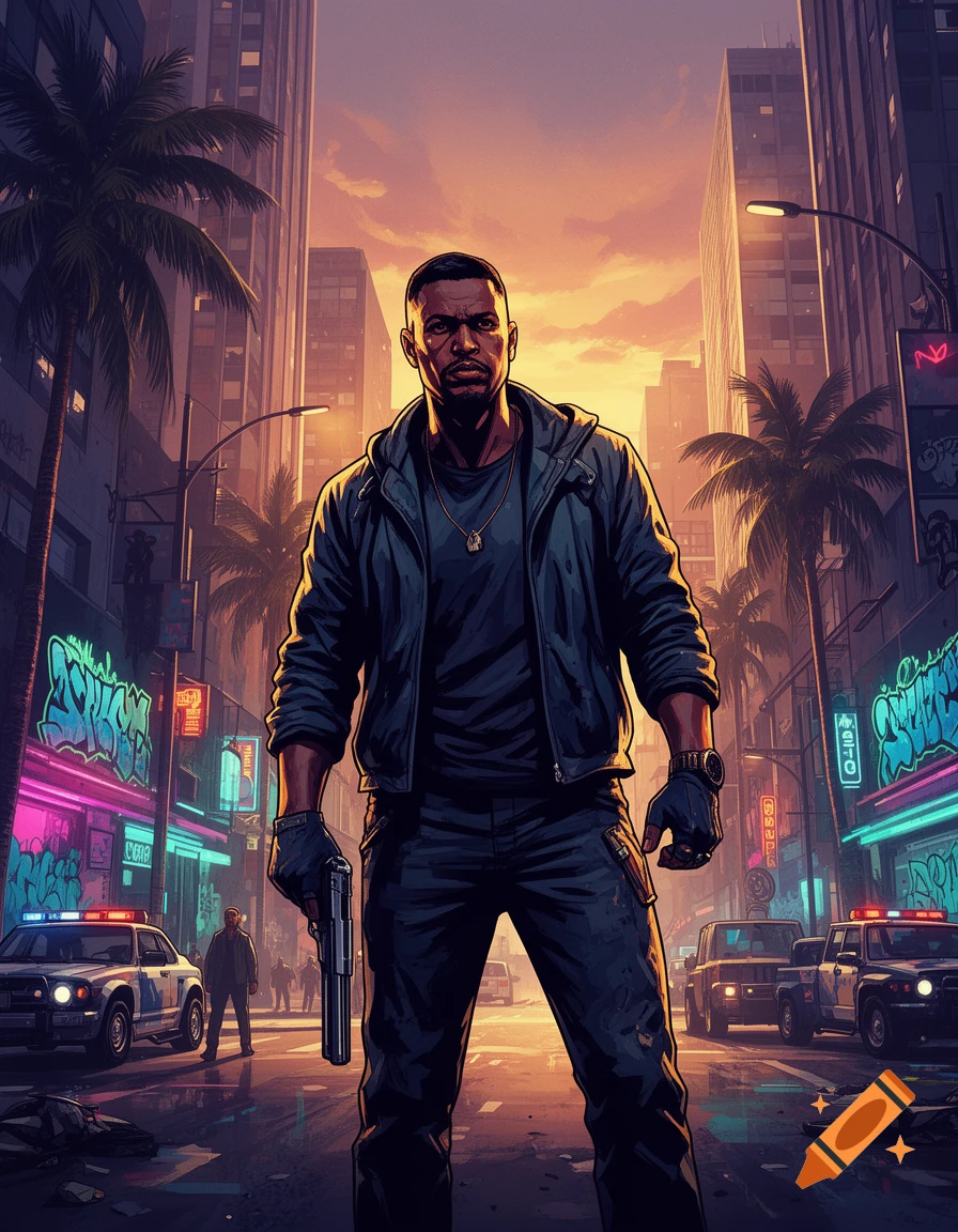 A man in a jacket holding a gun stands in a futuristic city street at sunset, video game art style.