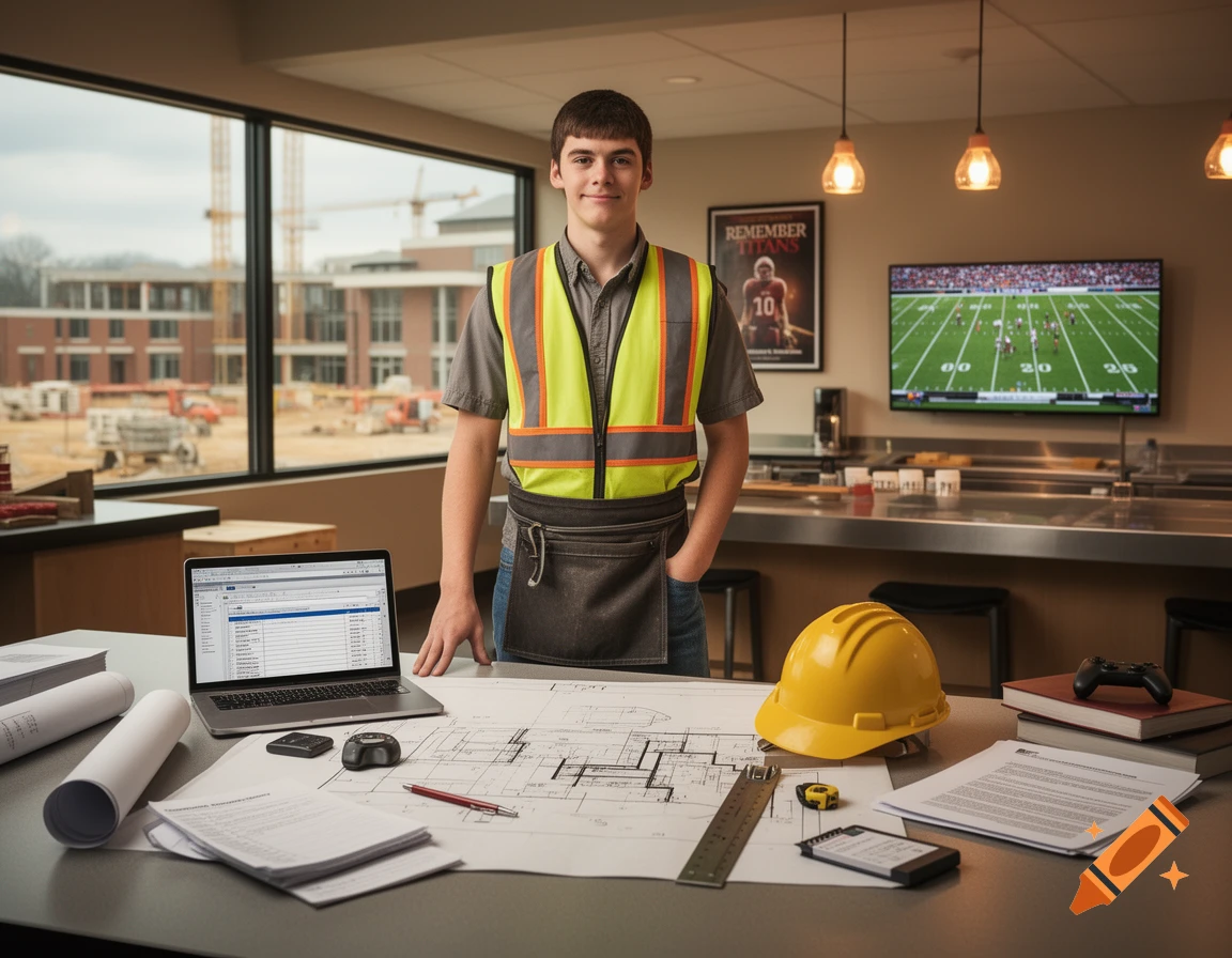 Photorealistic portrait of a young male construction management student standing at a desk with blueprints, a laptop, and a yellow hard hat.