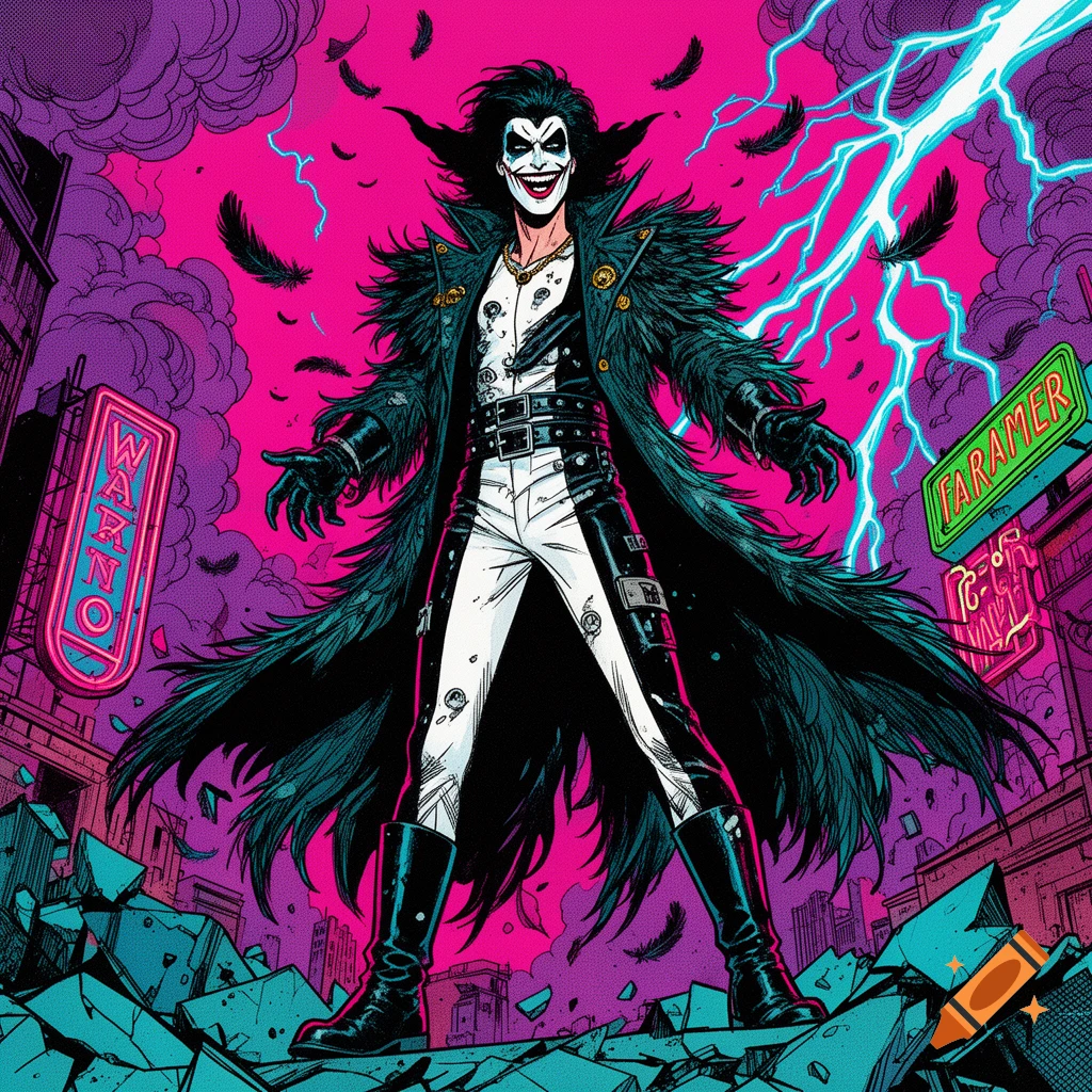 An 80s comic style illustration of a supervillain standing amid rubble with neon signs and lightning in the background.