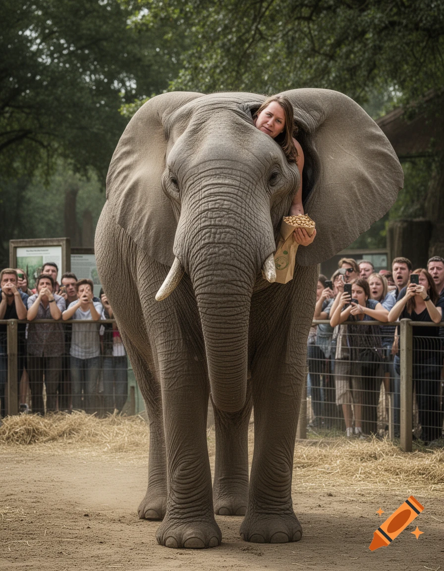 Photorealistic image of a woman trapped in an elephant's ear holding peanuts, watched by a disturbed crowd at a zoo.