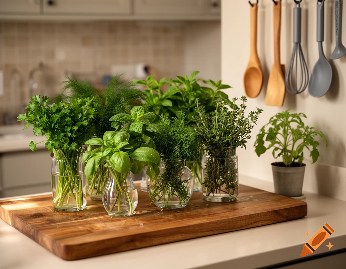 Photorealistic image of various fresh herbs in small glass vases on a wooden cutting board in a kitchen.
