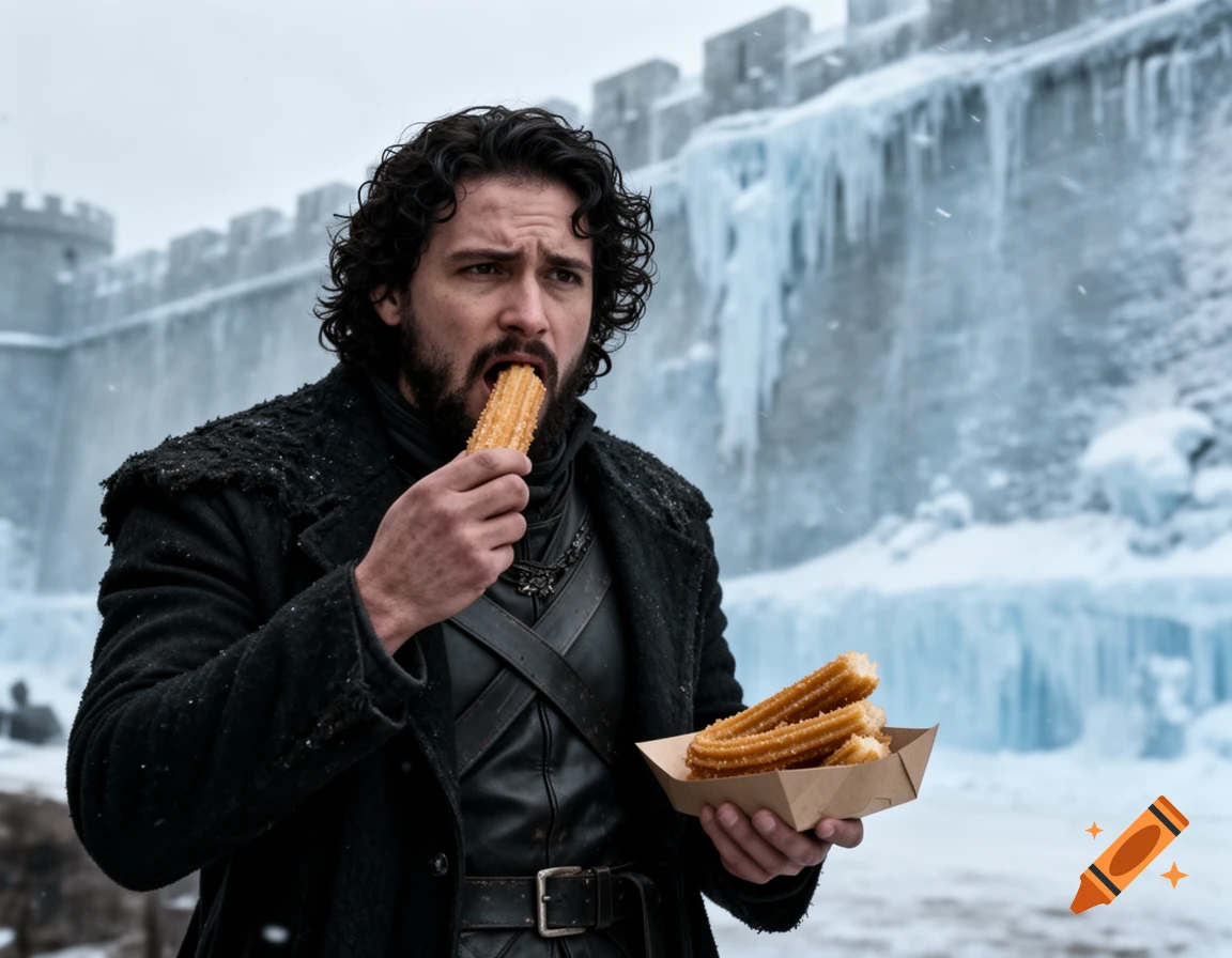 Jon Snow eating churros in front of the Wall in a snowy setting, photorealistic style.