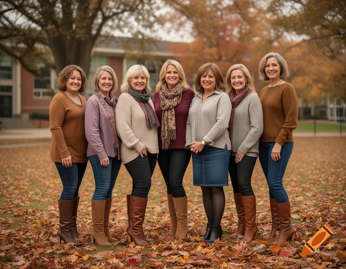 Group portrait of seven smiling women dressed in autumn casual wear and boots standing in front of a school building.