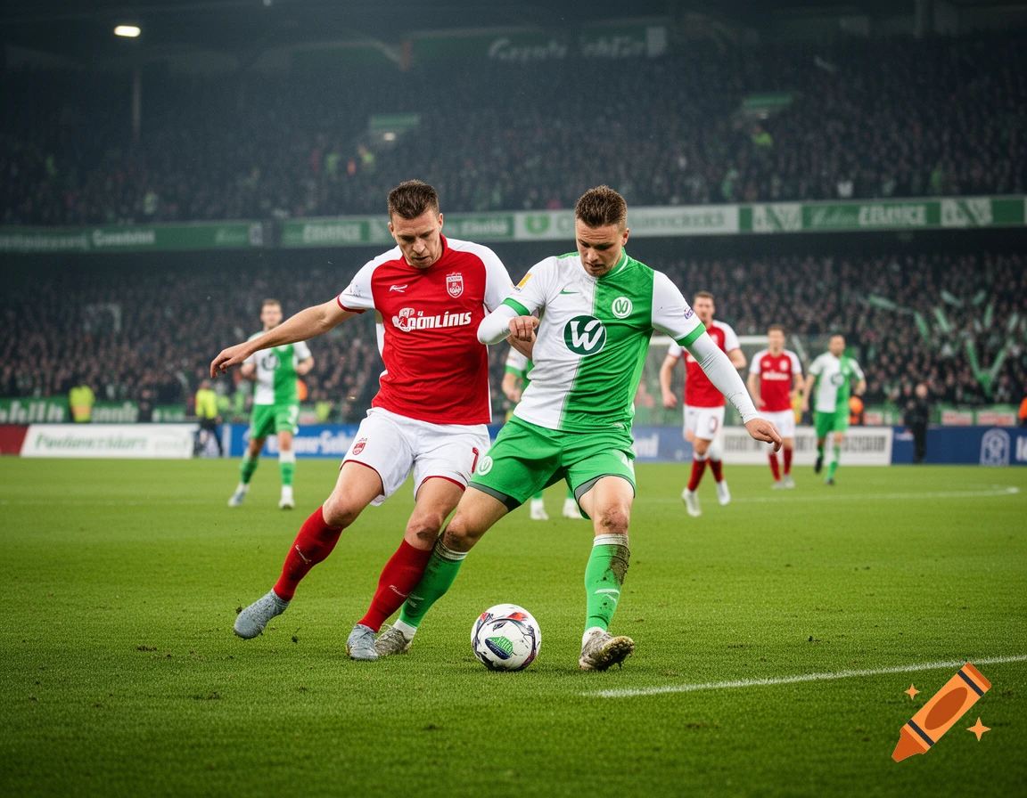 Photorealistic action shot of two soccer players competing for the ball on a green pitch during a night match.