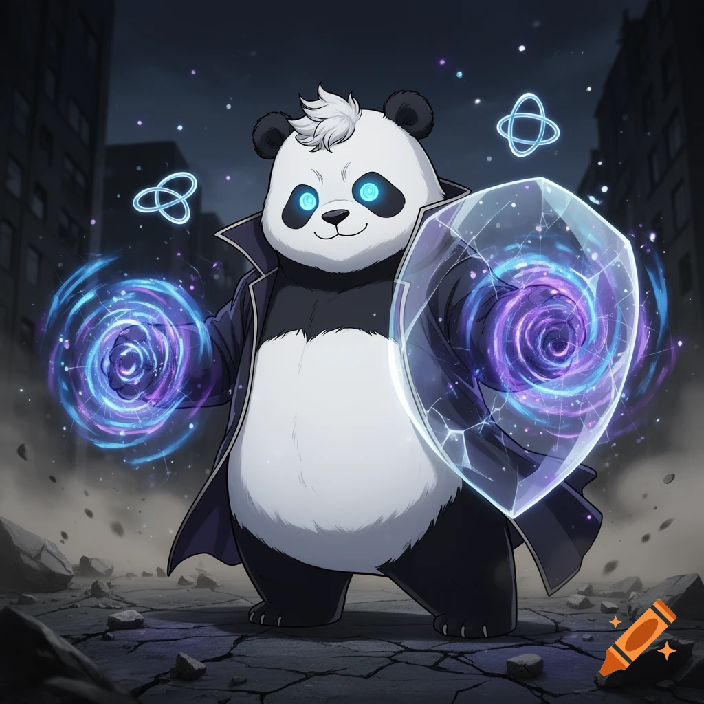 Anime style illustration of a panda with glowing blue eyes and magical blue and purple energy effects standing on rubble.