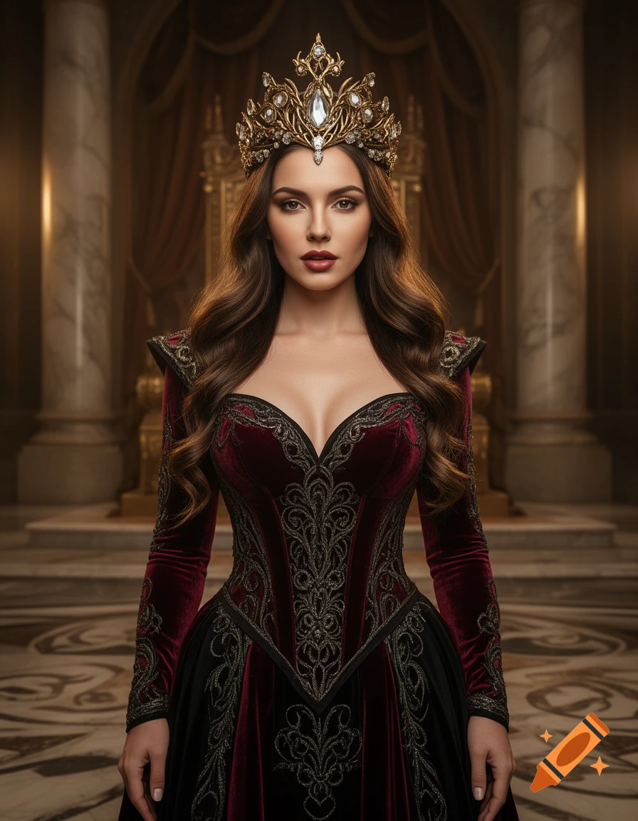 Photorealistic portrait of a fantasy queen wearing an ornate gold crown and a rich maroon and black velvet gown in a grand hall.