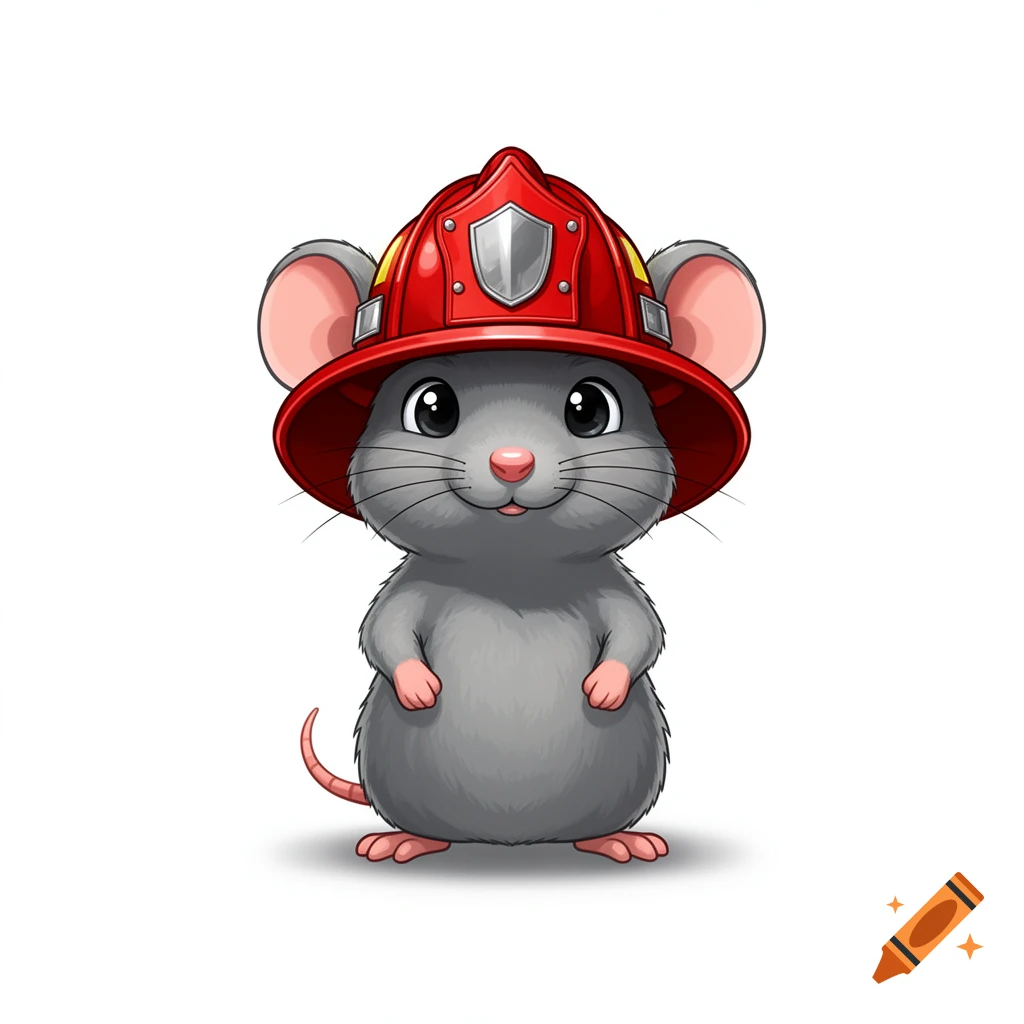 Cartoonish grey rat wearing a red firefighter helmet on a white background.