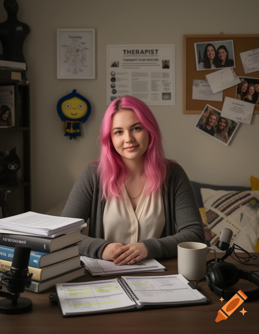 Photorealistic portrait of a young woman with pink hair sitting at a desk with books, a microphone, and a notebook.