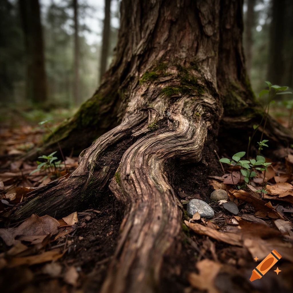 Close-up of a large tree trunk with gnarled roots and moss, surrounded by autumn leaves on the forest floor, photorealistic.